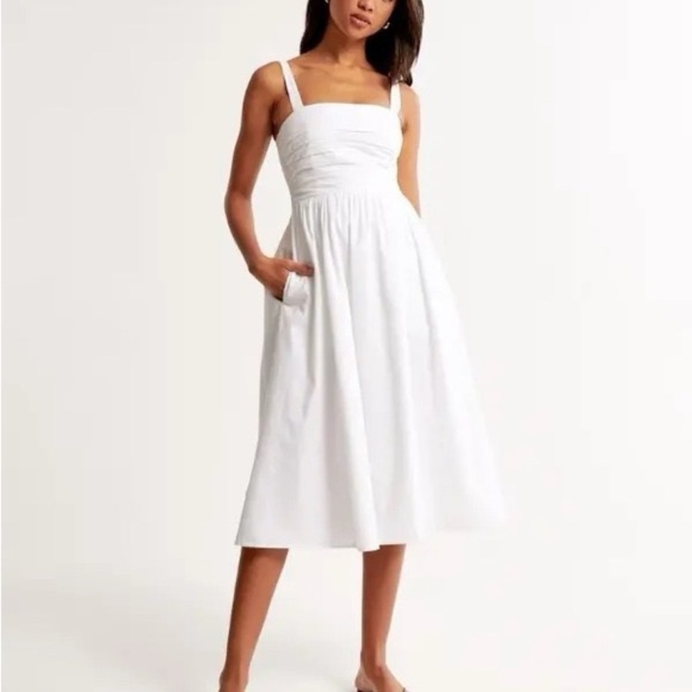 Abercrombie & Fitch Poplin White Midi Dress Smocked